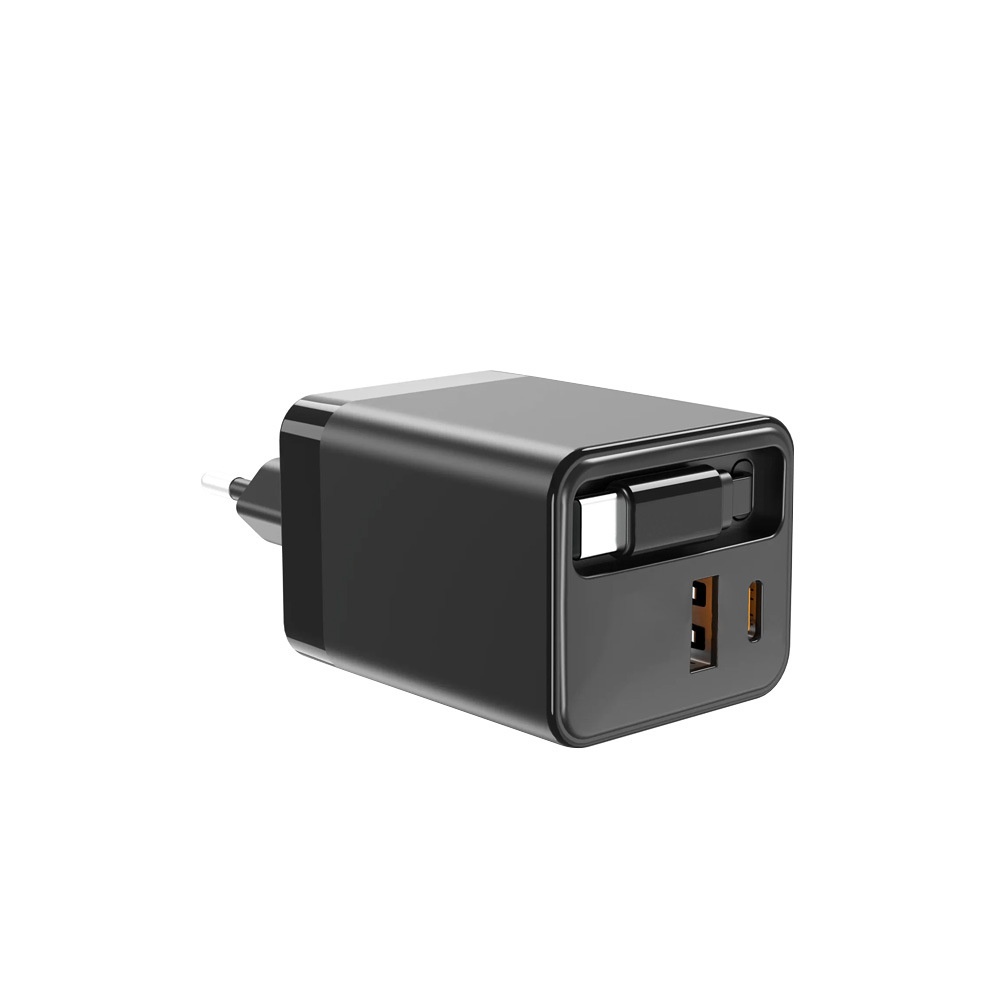 65W Fast Charger with 65cm Retractable USB-C Cable, Multi-Port Desktop Charging Station, White/Black