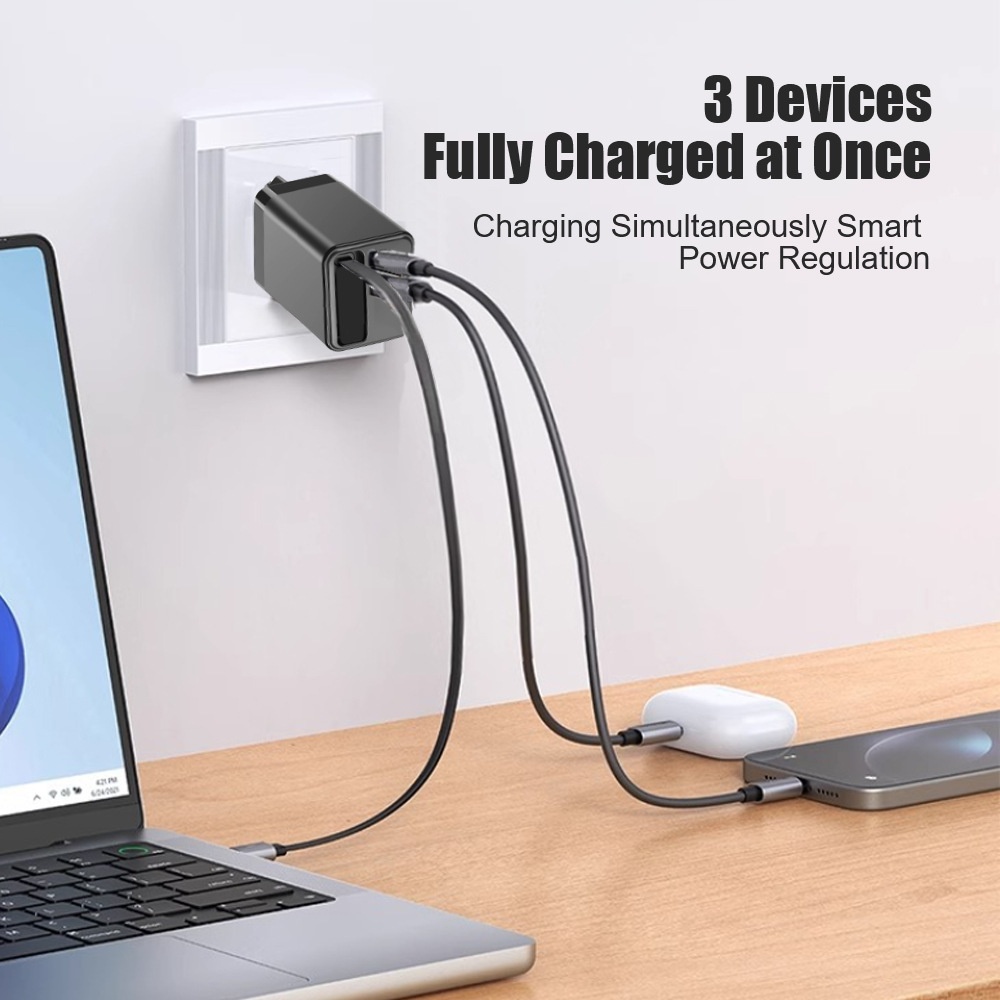 65W Fast Charger with 65cm Retractable USB-C Cable, Multi-Port Desktop Charging Station, White/Black