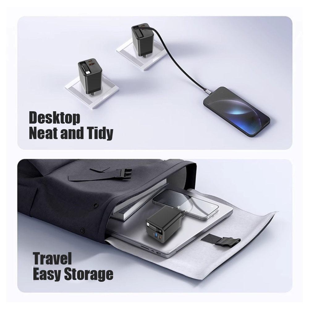 65W Fast Charger with 65cm Retractable USB-C Cable, Multi-Port Desktop Charging Station, White/Black