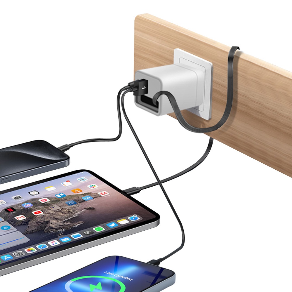 65W Fast Charger with 65cm Retractable USB-C Cable, Multi-Port Desktop Charging Station, White/Black
