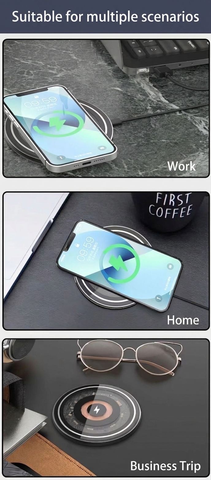 15W Fast Wireless Charger Pad, Qi Certified Ultra-Slim Transparent Charging Station, White/Black