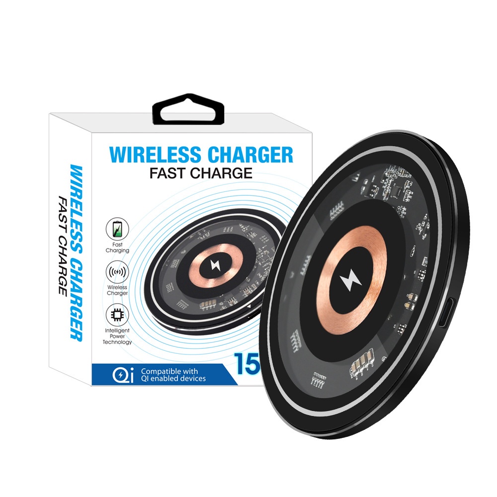 15W Fast Wireless Charger Pad, Qi Certified Ultra-Slim Transparent Charging Station, White/Black