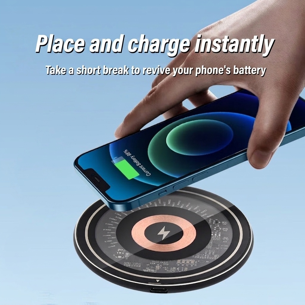 15W Fast Wireless Charger Pad, Qi Certified Ultra-Slim Transparent Charging Station, White/Black