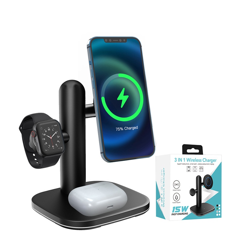 4-in-1 Wireless Fast Charger Stand for Phone, Watch & Earbuds, 15W Magnetic Charging Station, White/Black