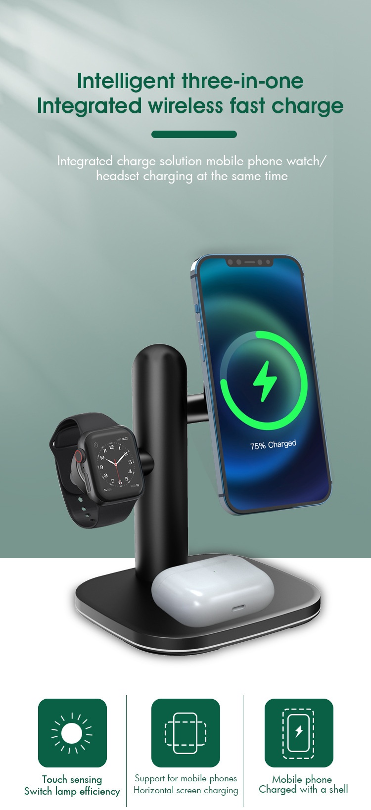 4-in-1 Wireless Fast Charger Stand for Phone, Watch & Earbuds, 15W Magnetic Charging Station, White/Black