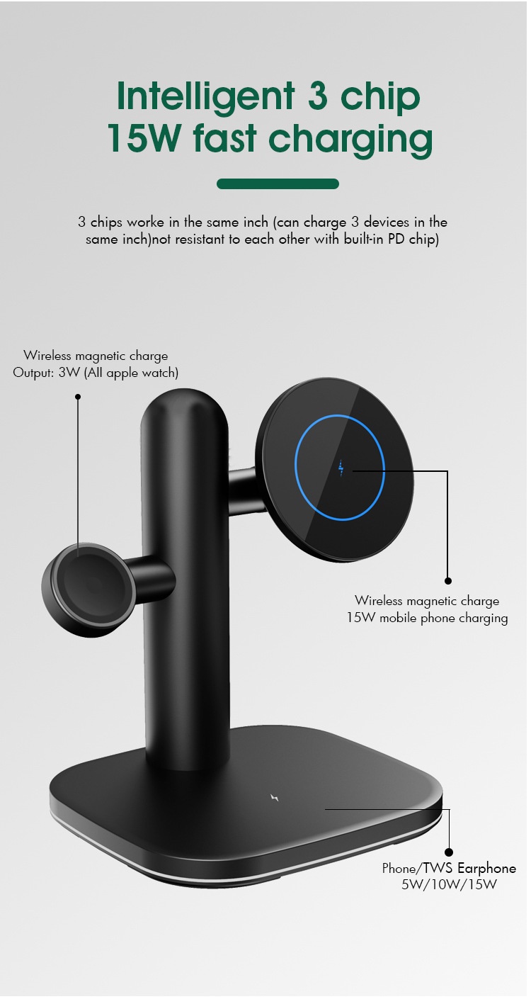 4-in-1 Wireless Fast Charger Stand for Phone, Watch & Earbuds, 15W Magnetic Charging Station, White/Black