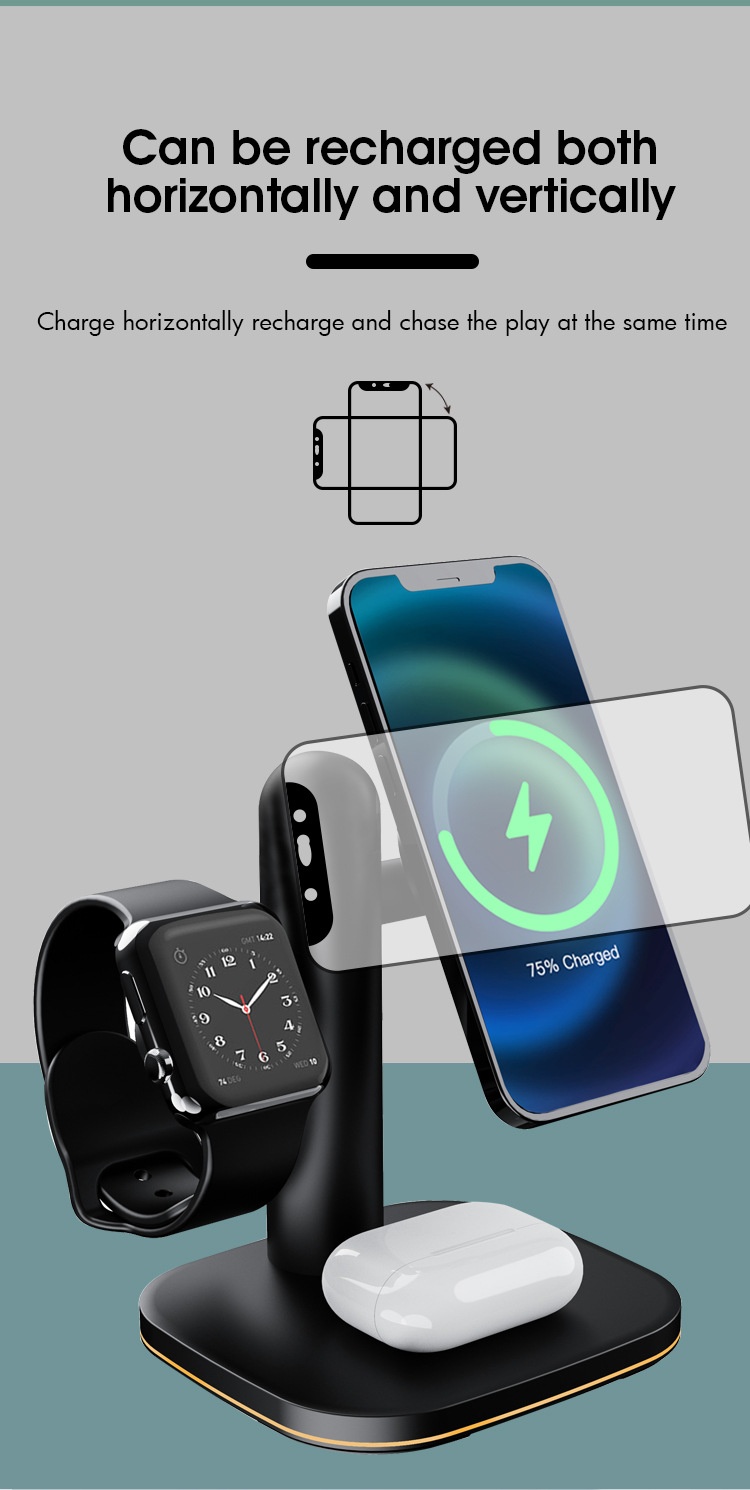 4-in-1 Wireless Fast Charger Stand for Phone, Watch & Earbuds, 15W Magnetic Charging Station, White/Black
