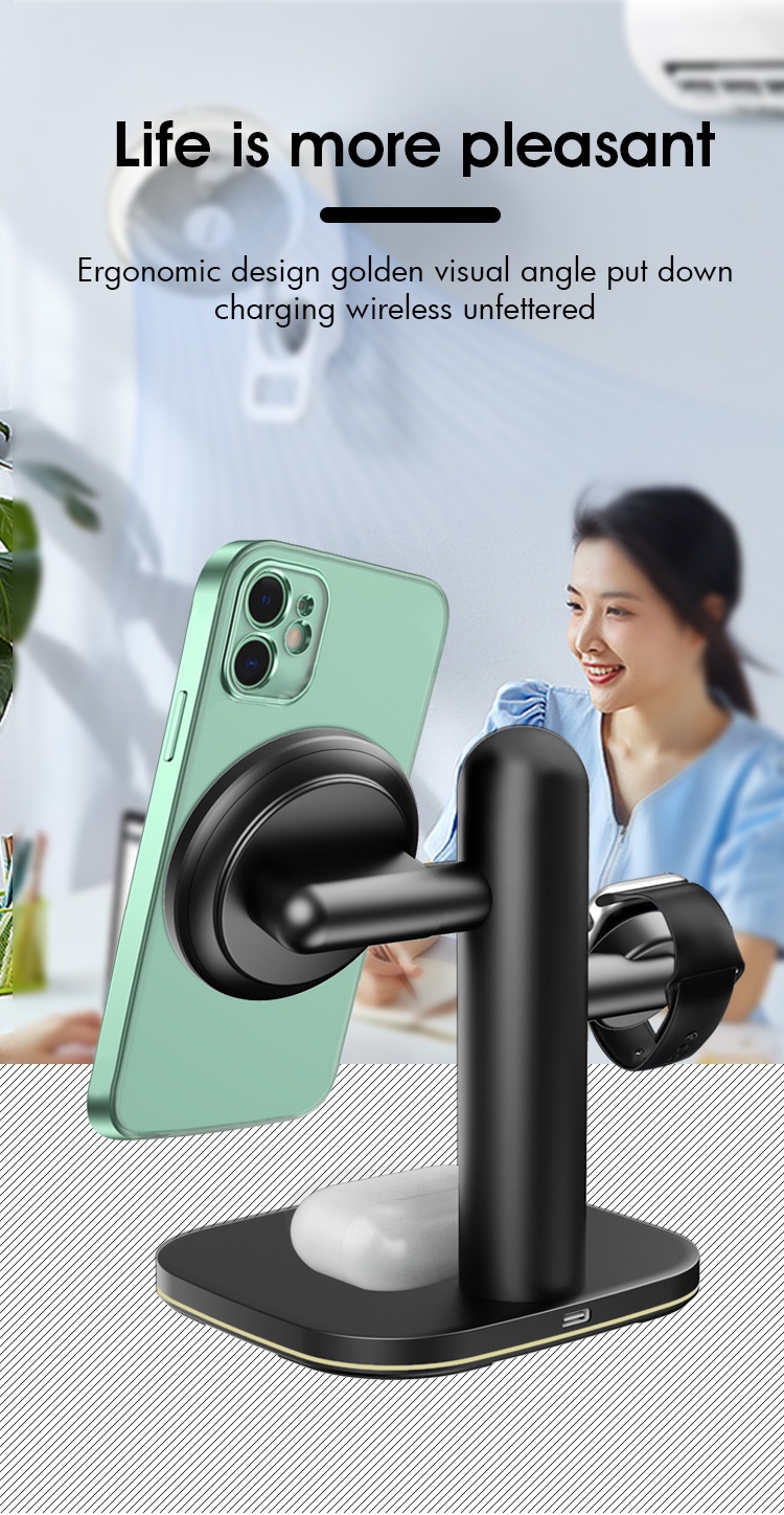 4-in-1 Wireless Fast Charger Stand for Phone, Watch & Earbuds, 15W Magnetic Charging Station, White/Black