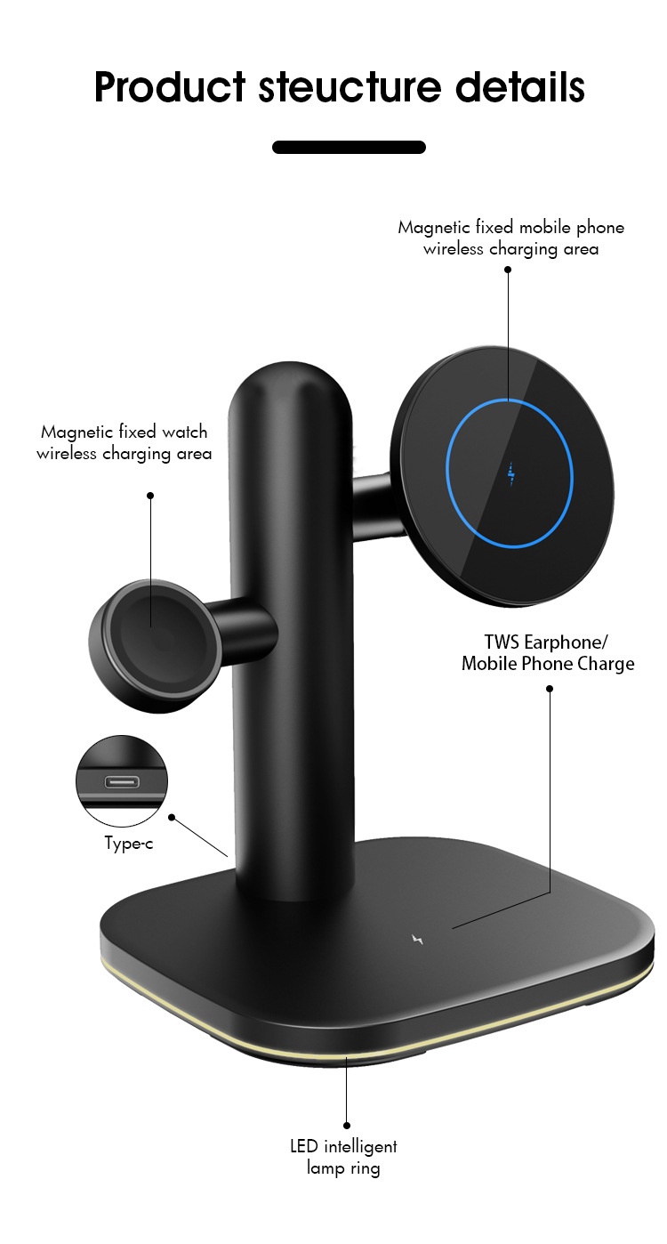 4-in-1 Wireless Fast Charger Stand for Phone, Watch & Earbuds, 15W Magnetic Charging Station, White/Black