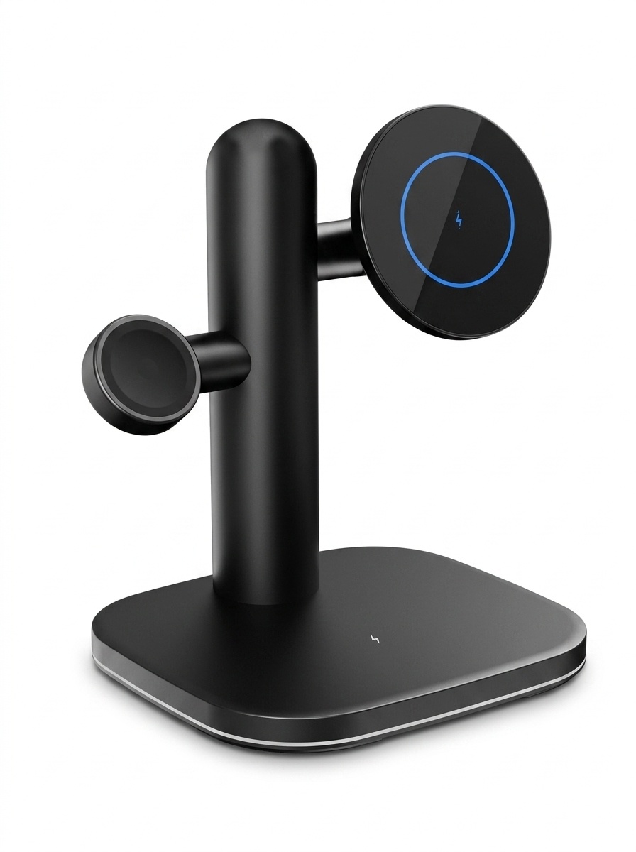 4-in-1 Wireless Fast Charger Stand for Phone, Watch & Earbuds, 15W Magnetic Charging Station, White/Black