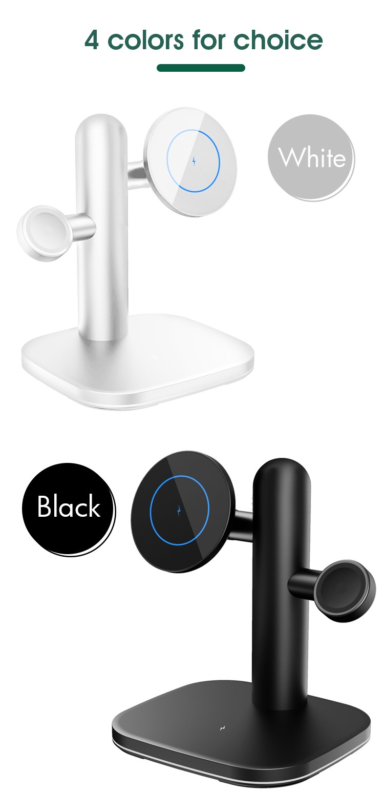 4-in-1 Wireless Fast Charger Stand for Phone, Watch & Earbuds, 15W Magnetic Charging Station, White/Black