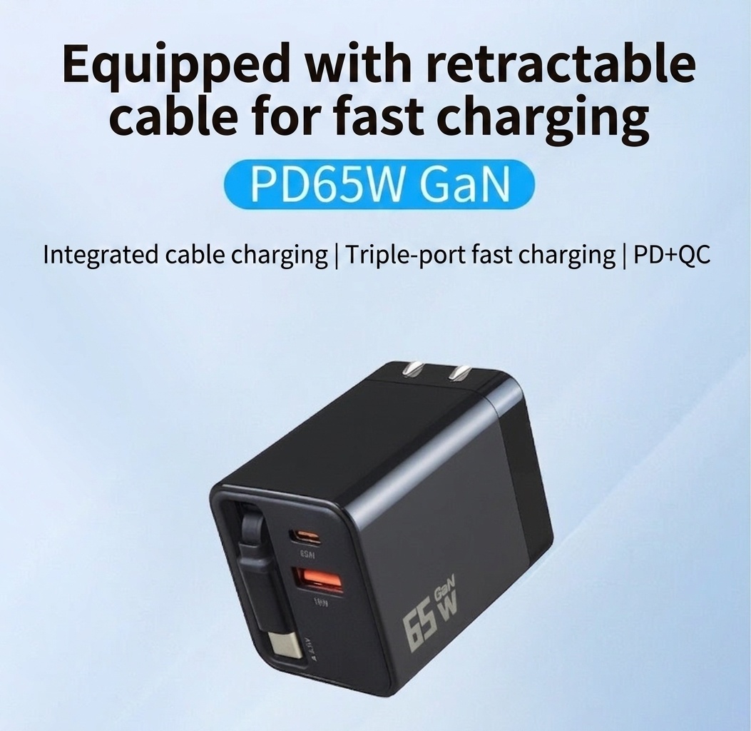 65W GaN Fast Charger with Retractable Type-C Cable