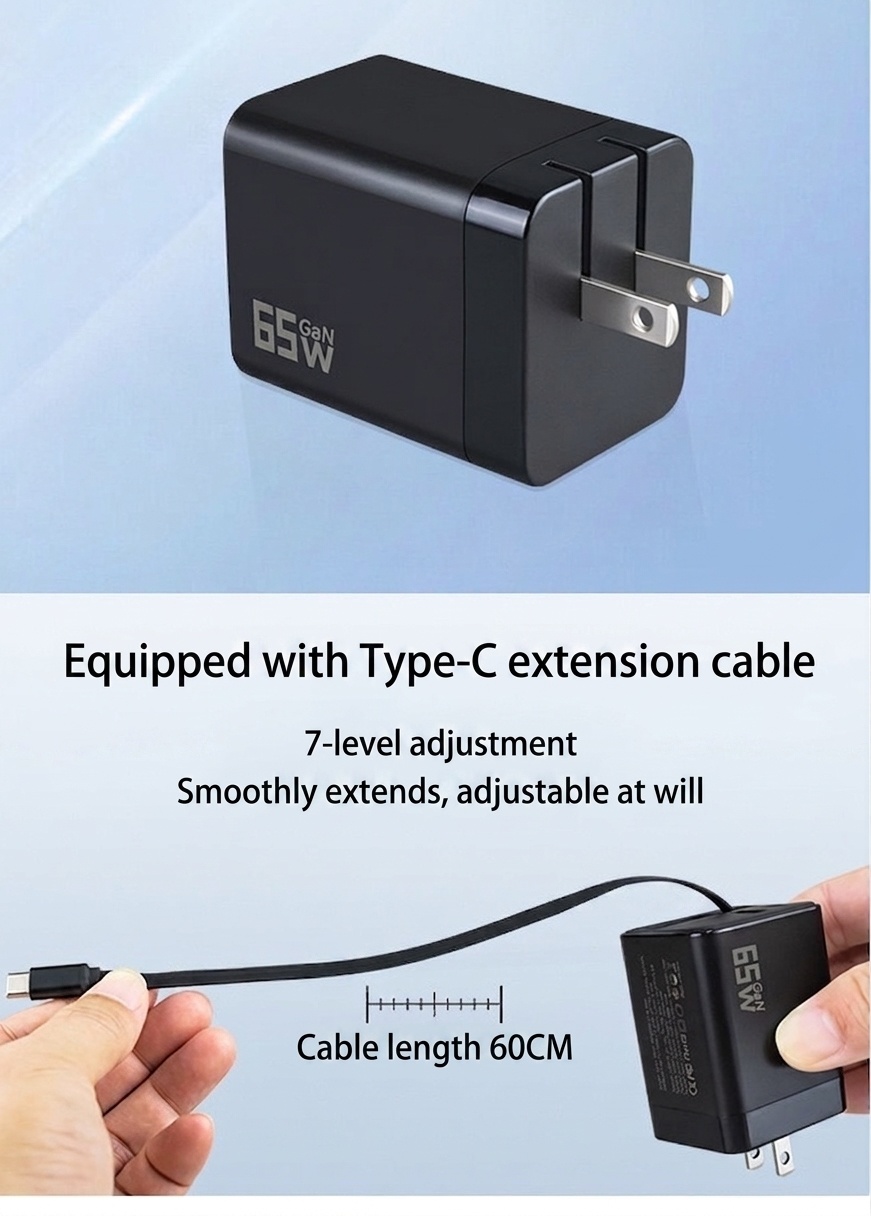 65W GaN Fast Charger with Retractable Type-C Cable