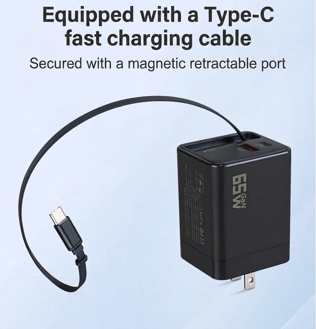 65W GaN Fast Charger with Retractable Type-C Cable