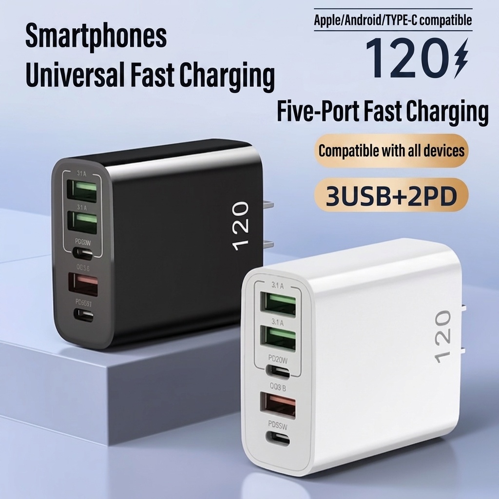 120W 5-Port USB-C PD Fast Charger for Phones and Tablets