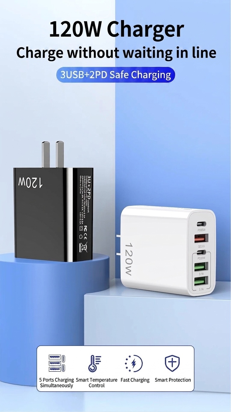 120W 5-Port USB-C PD Fast Charger for Phones and Tablets