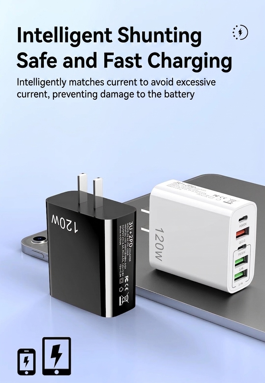120W 5-Port USB-C PD Fast Charger for Phones and Tablets