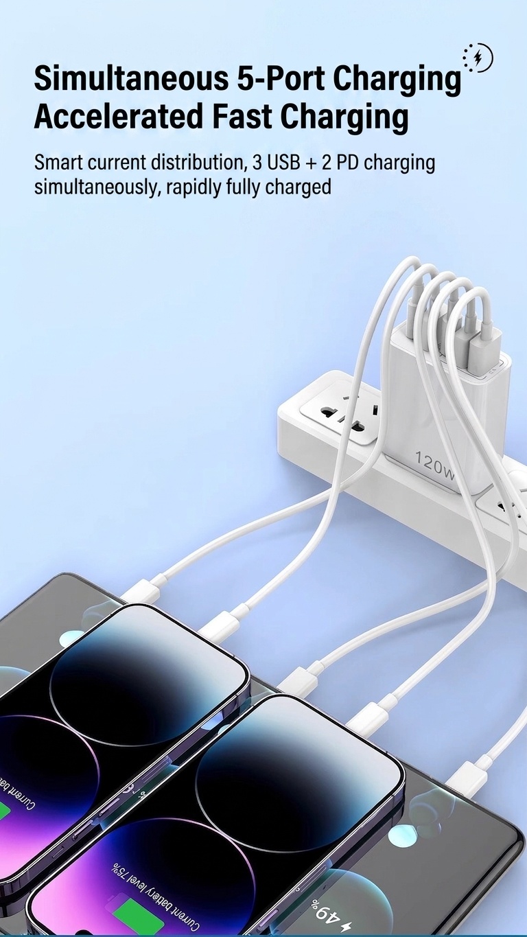 120W 5-Port USB-C PD Fast Charger for Phones and Tablets