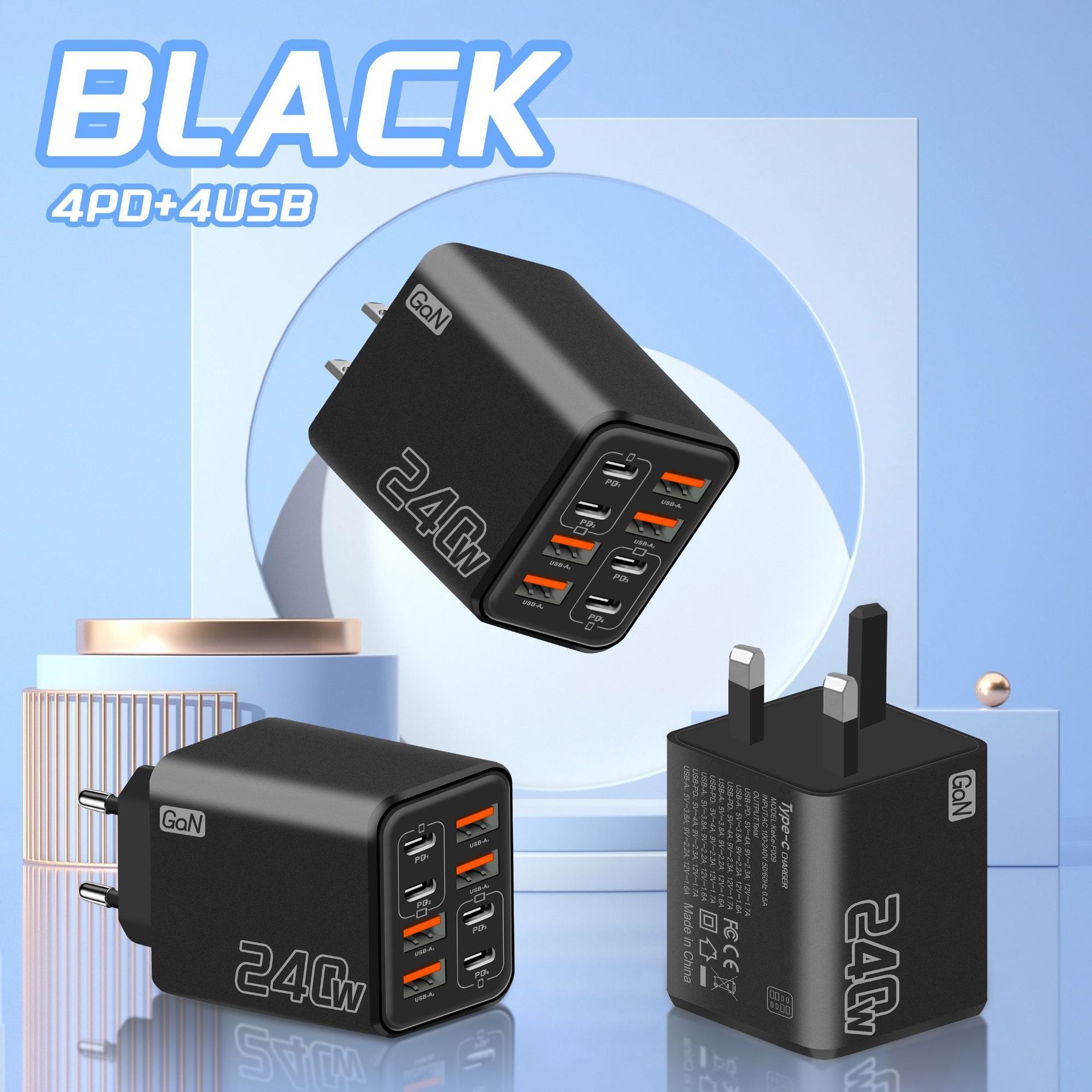 240W GaN 8-Port Fast Charger, USB-C PD and USB-A Wall Adapter