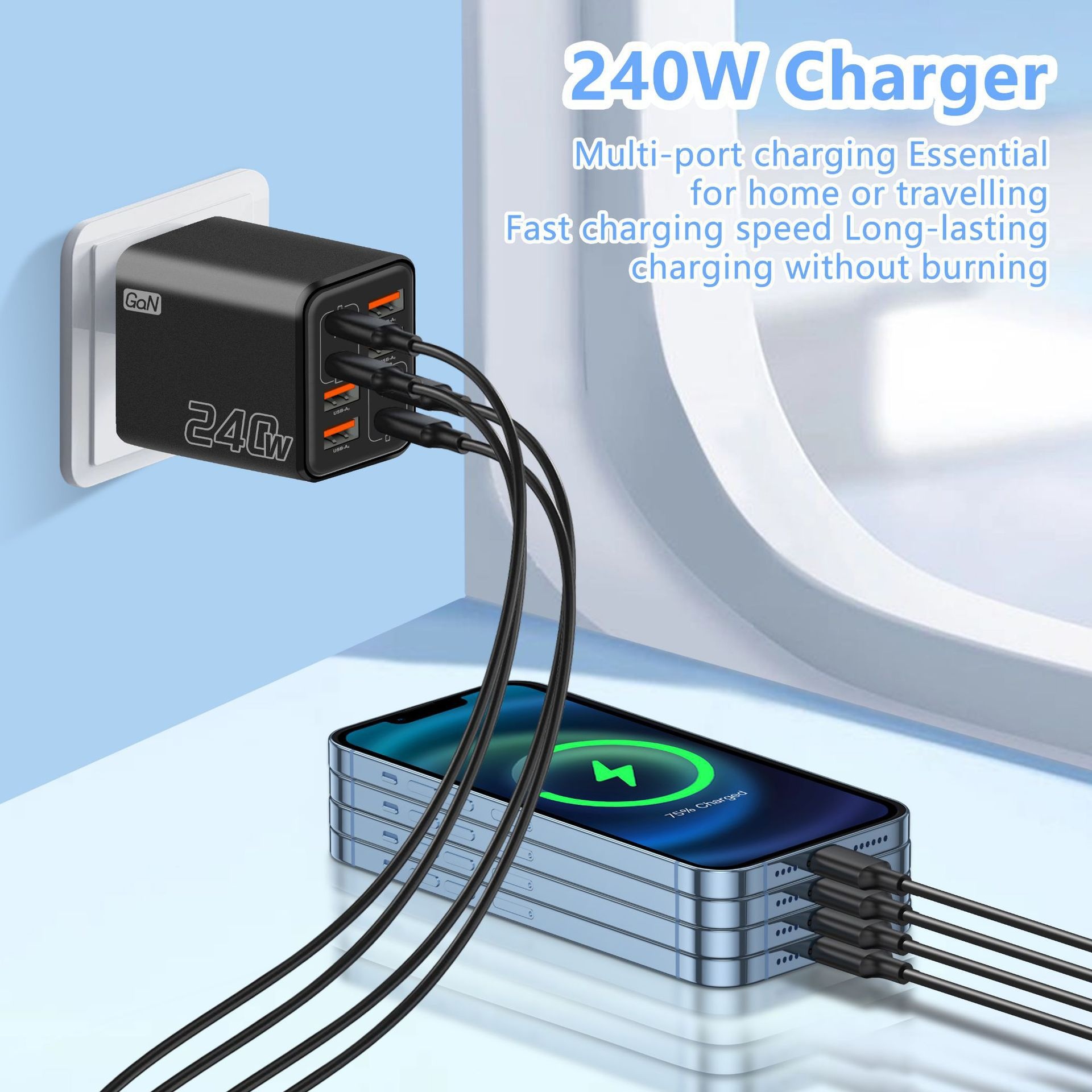240W GaN 8-Port Fast Charger, USB-C PD and USB-A Wall Adapter