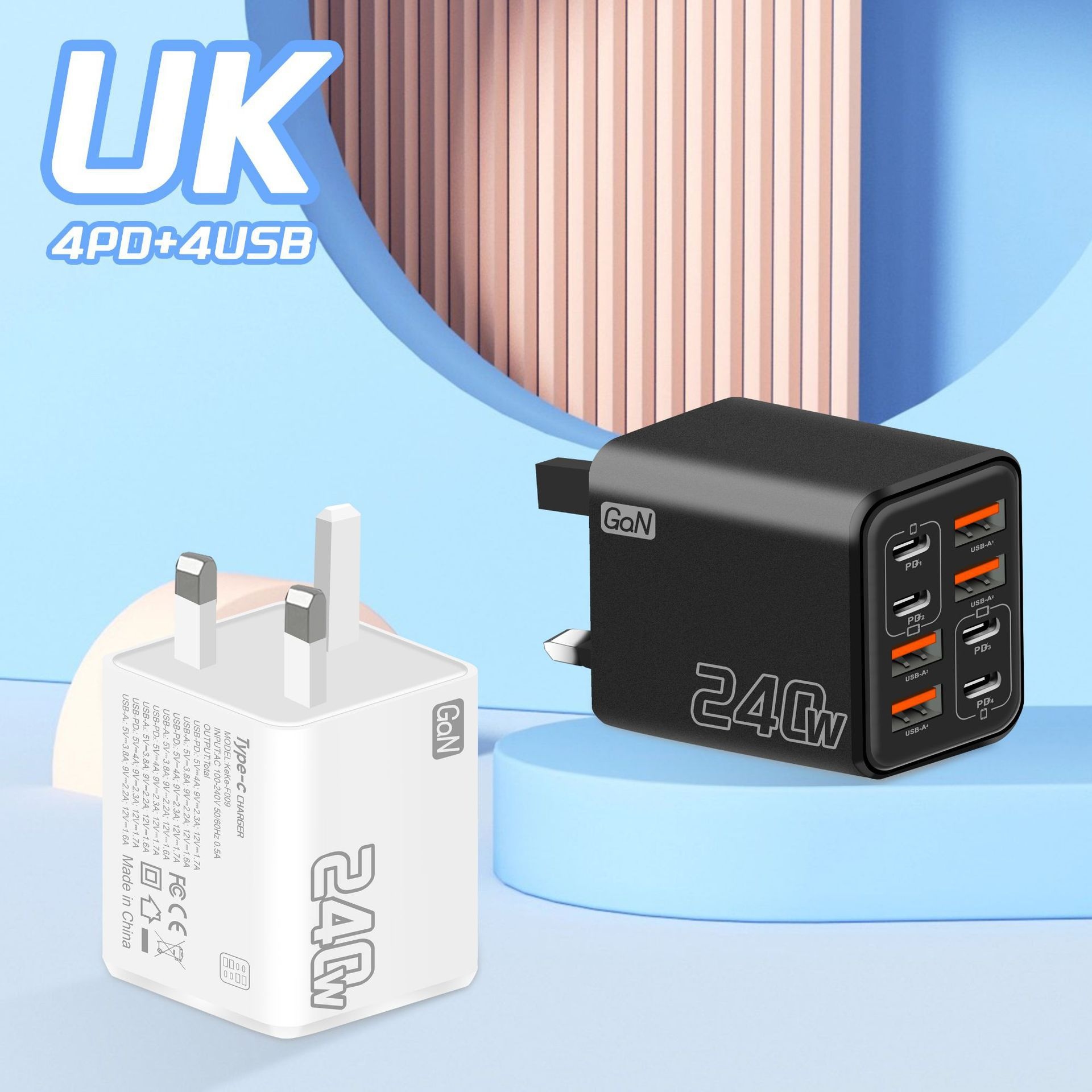 240W GaN 8-Port Fast Charger, USB-C PD and USB-A Wall Adapter