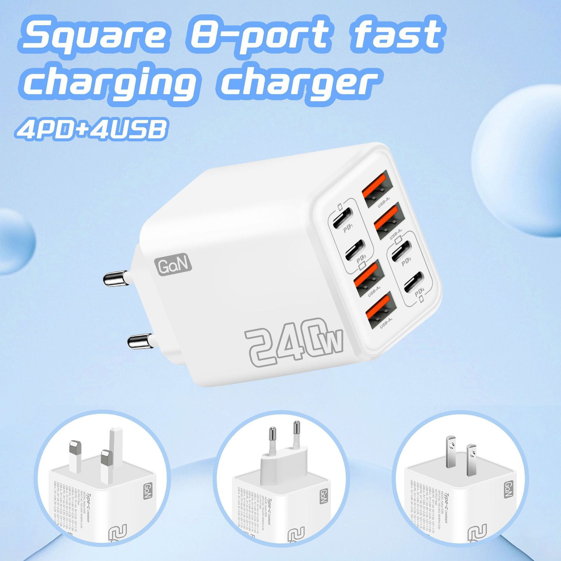 240W GaN 8-Port Fast Charger, USB-C PD and USB-A Wall Adapter
