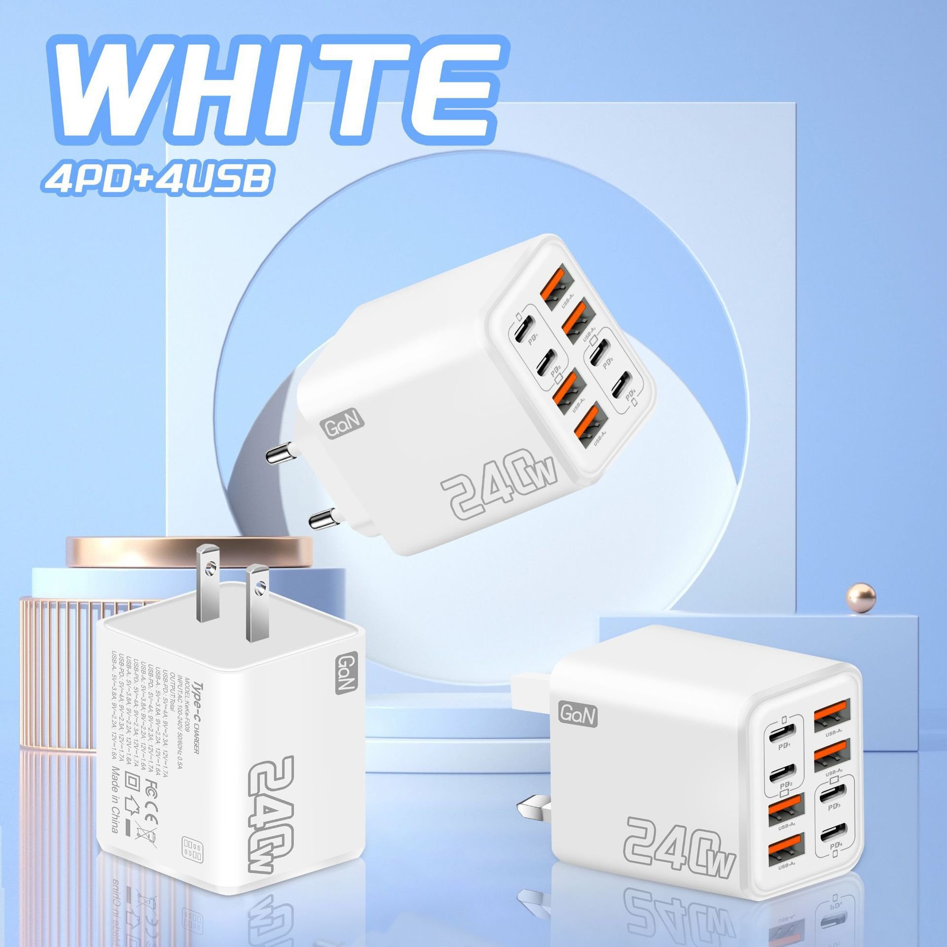 240W GaN 8-Port Fast Charger, USB-C PD and USB-A Wall Adapter
