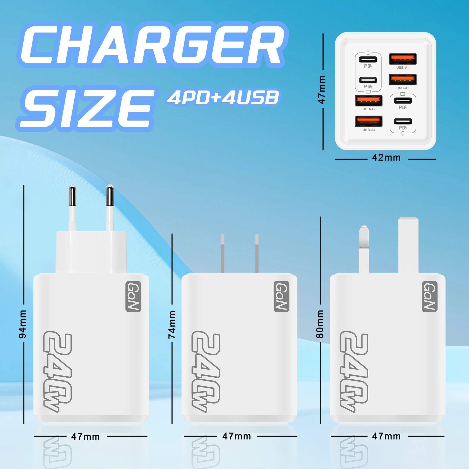 240W GaN 8-Port Fast Charger, USB-C PD and USB-A Wall Adapter
