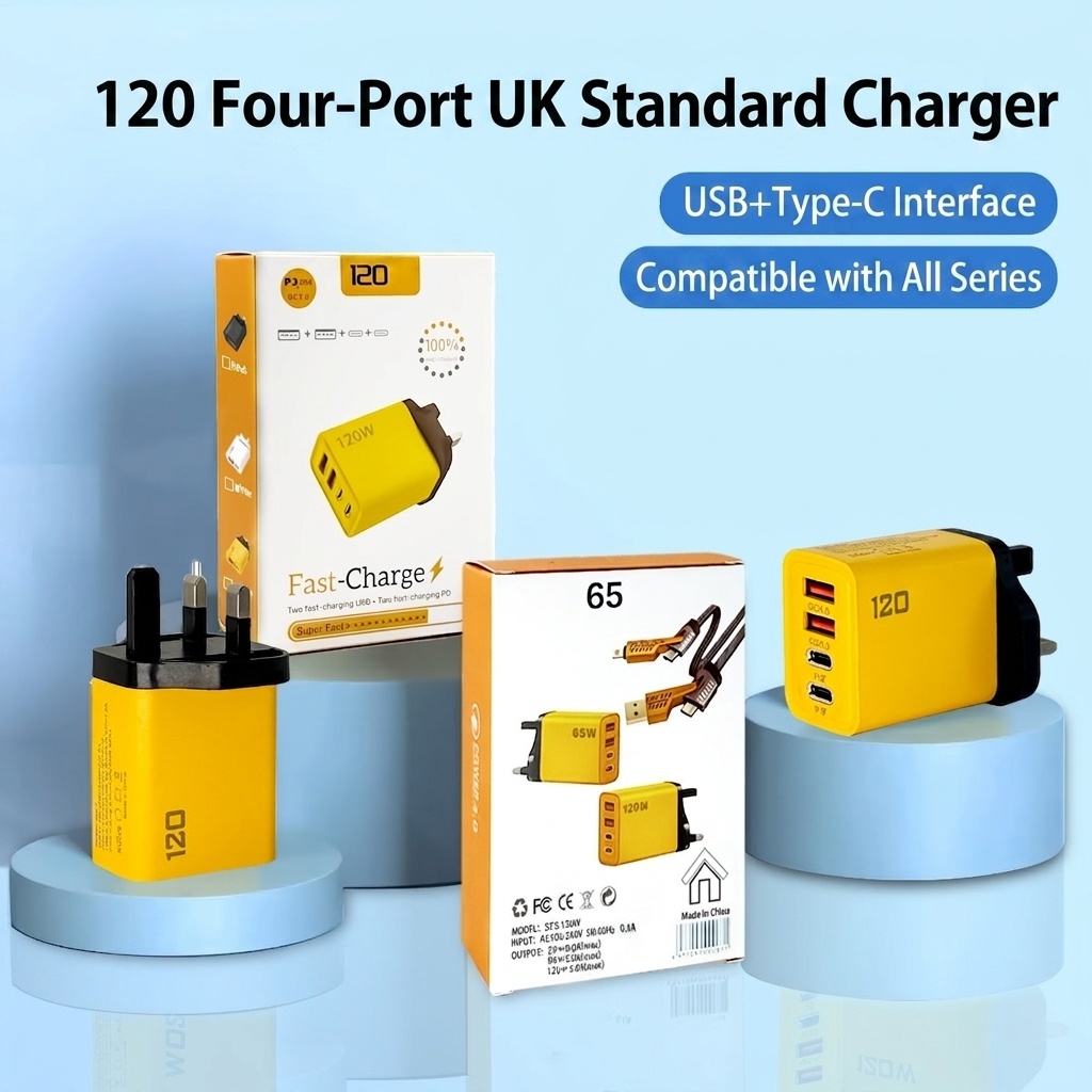 120W USB-C PD Fast Charger, 4-Port Wall Adapter for Travel
