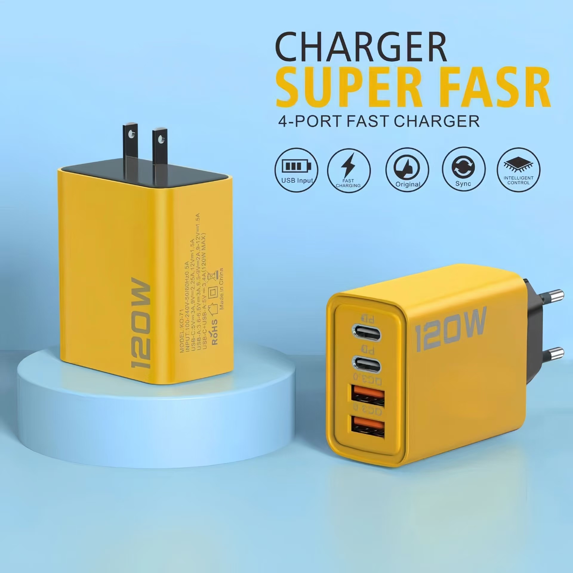 120W USB-C PD Fast Charger, 4-Port Wall Adapter for Travel