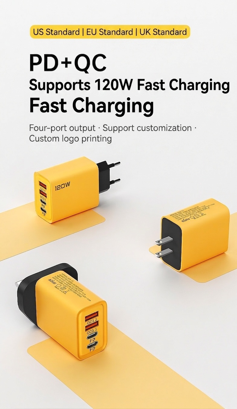 120W USB-C PD Fast Charger, 4-Port Wall Adapter for Travel