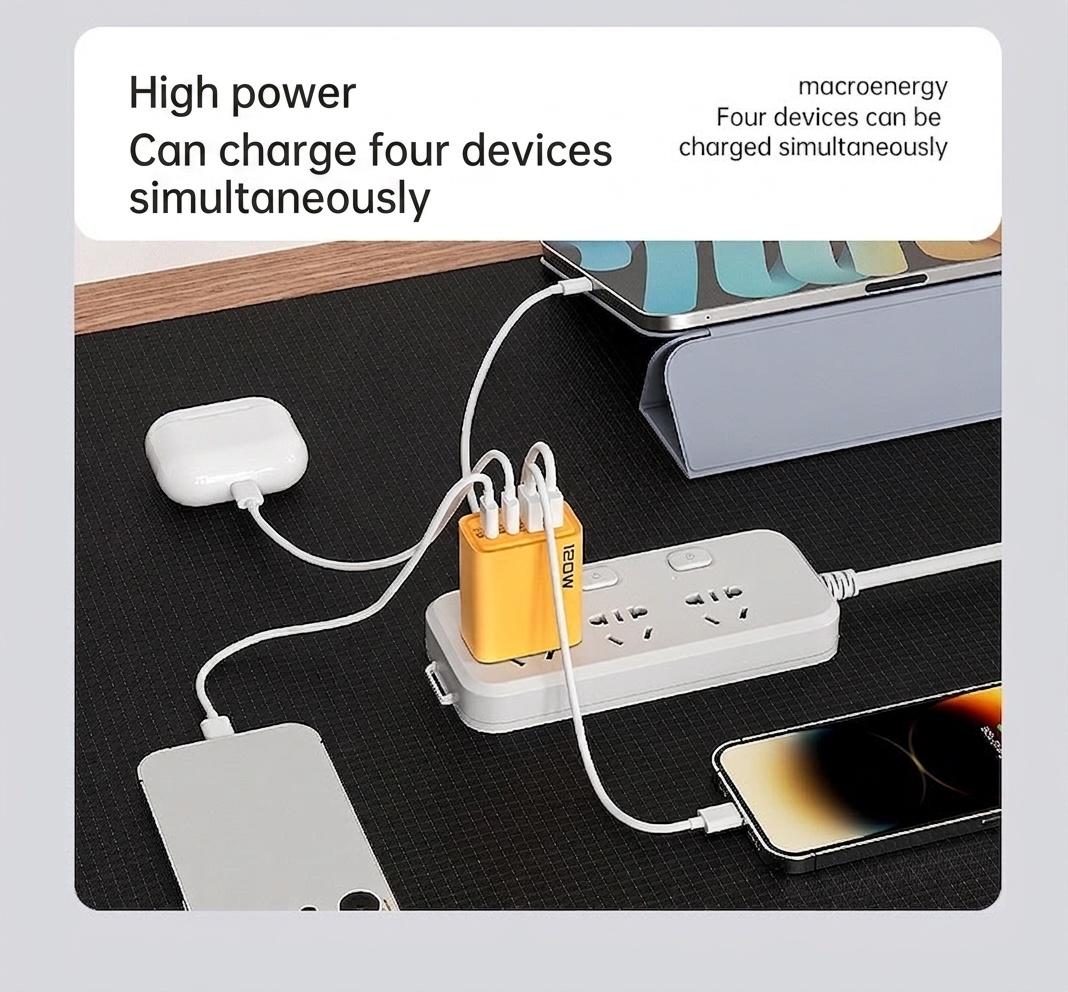 120W USB-C PD Fast Charger, 4-Port Wall Adapter for Travel