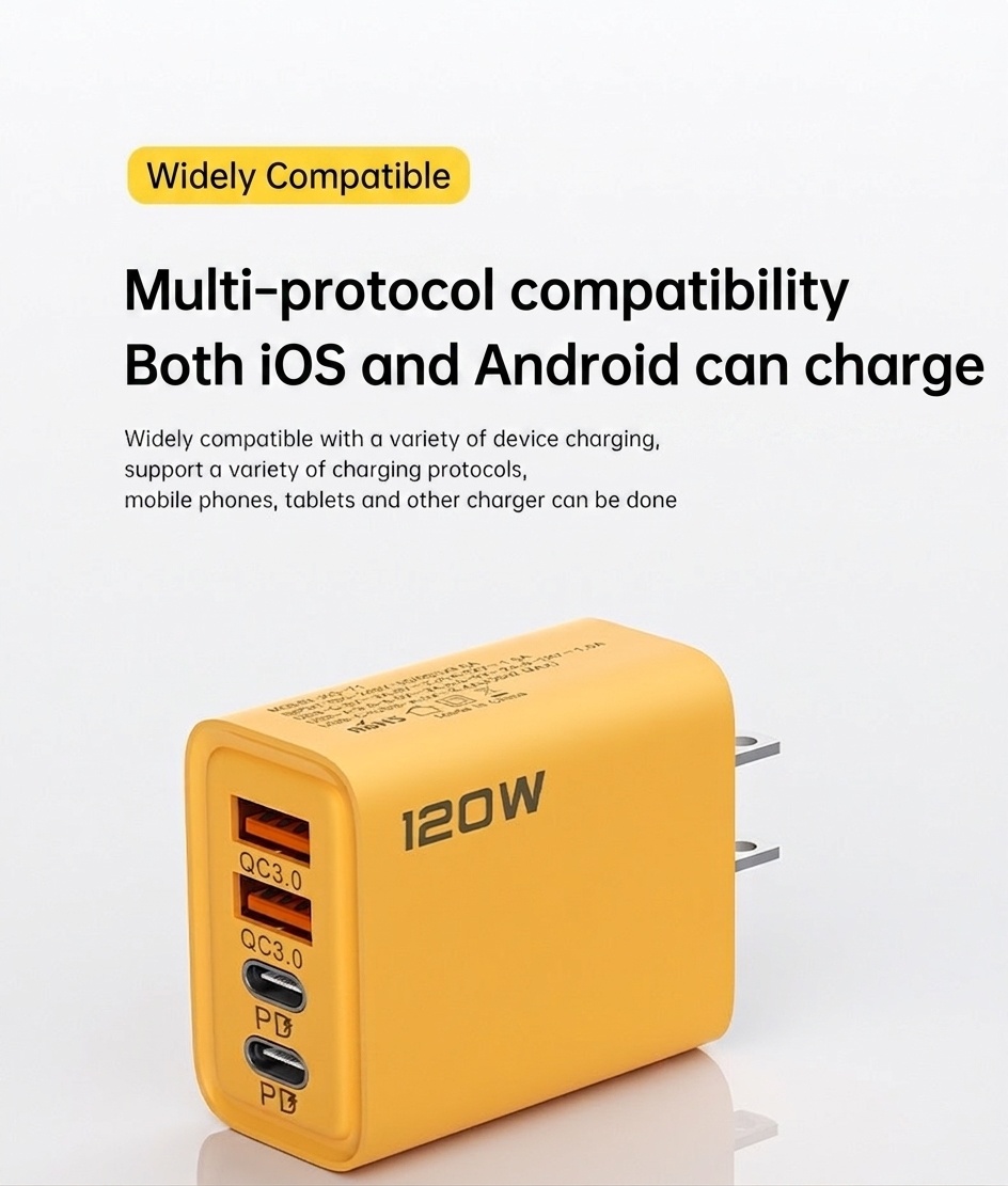 120W USB-C PD Fast Charger, 4-Port Wall Adapter for Travel
