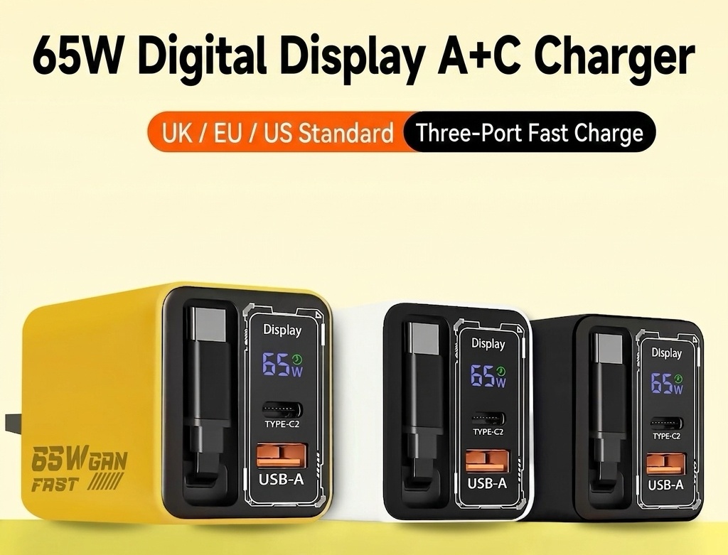 65W GaN Fast Charger with Digital Display and Retractable Cable