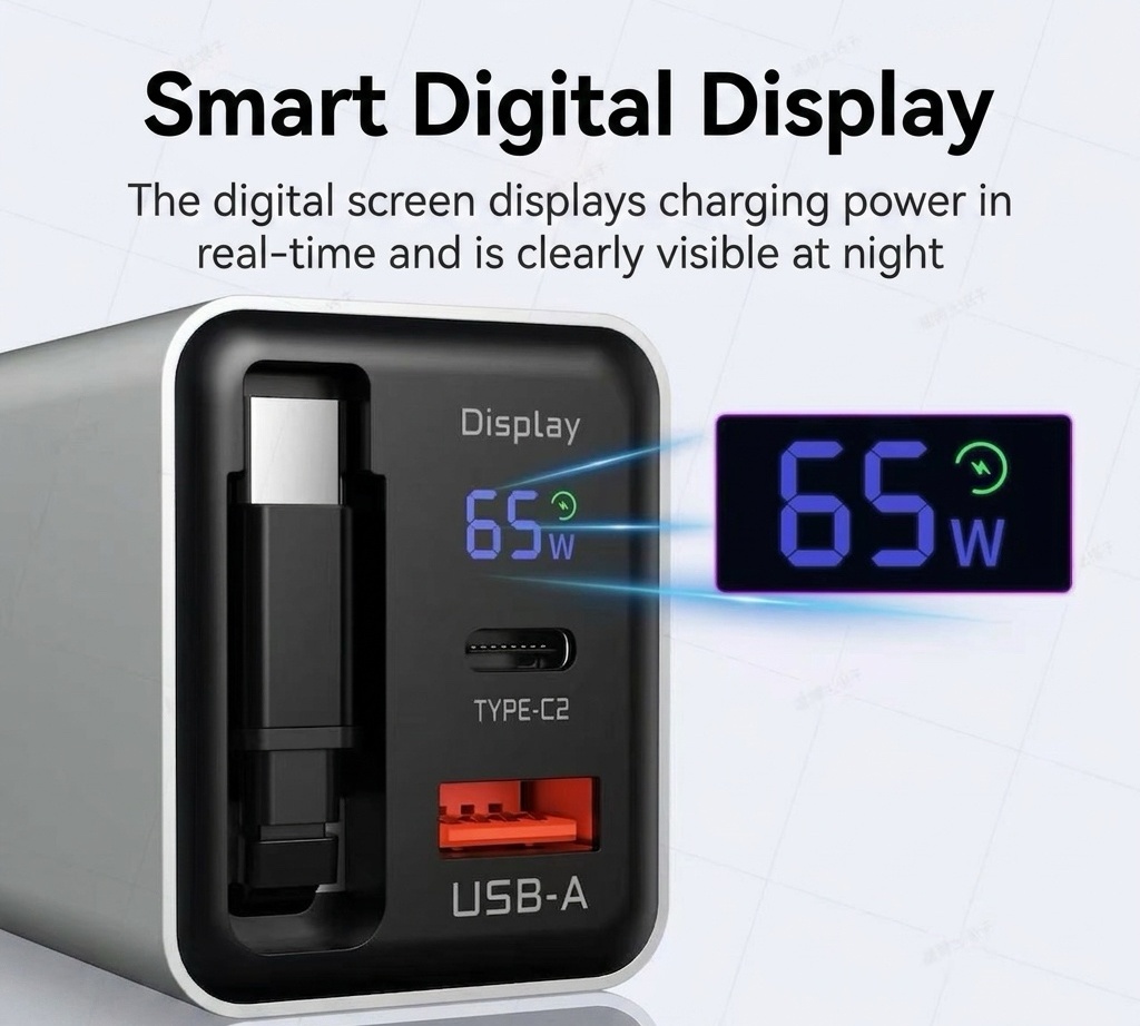 65W GaN Fast Charger with Digital Display and Retractable Cable