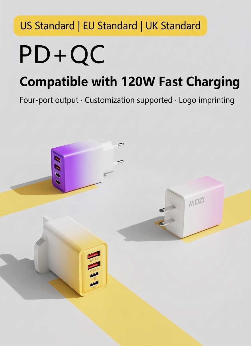 120W Multi-Port Fast Charger, USB-C PD and QC 3.0 Wall Adapter