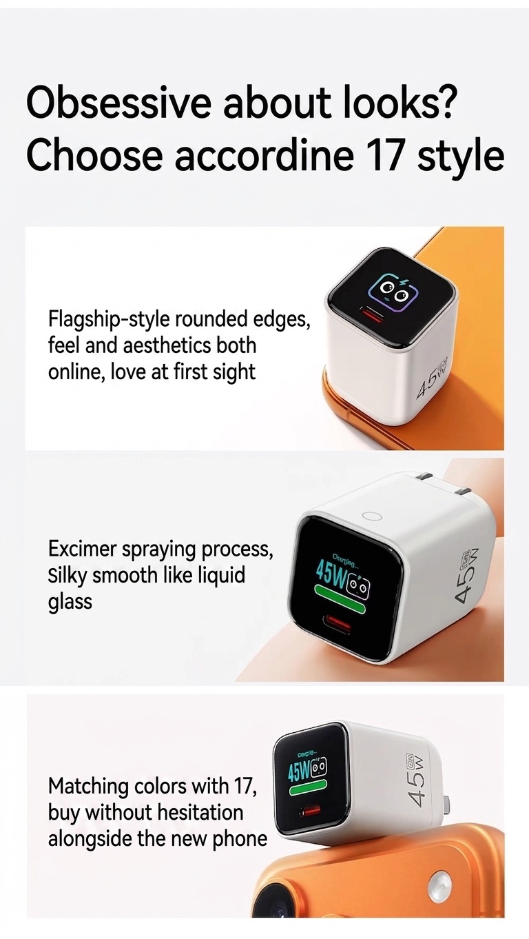 45W GaN Fast Charger with TFT Display and Foldable Plug