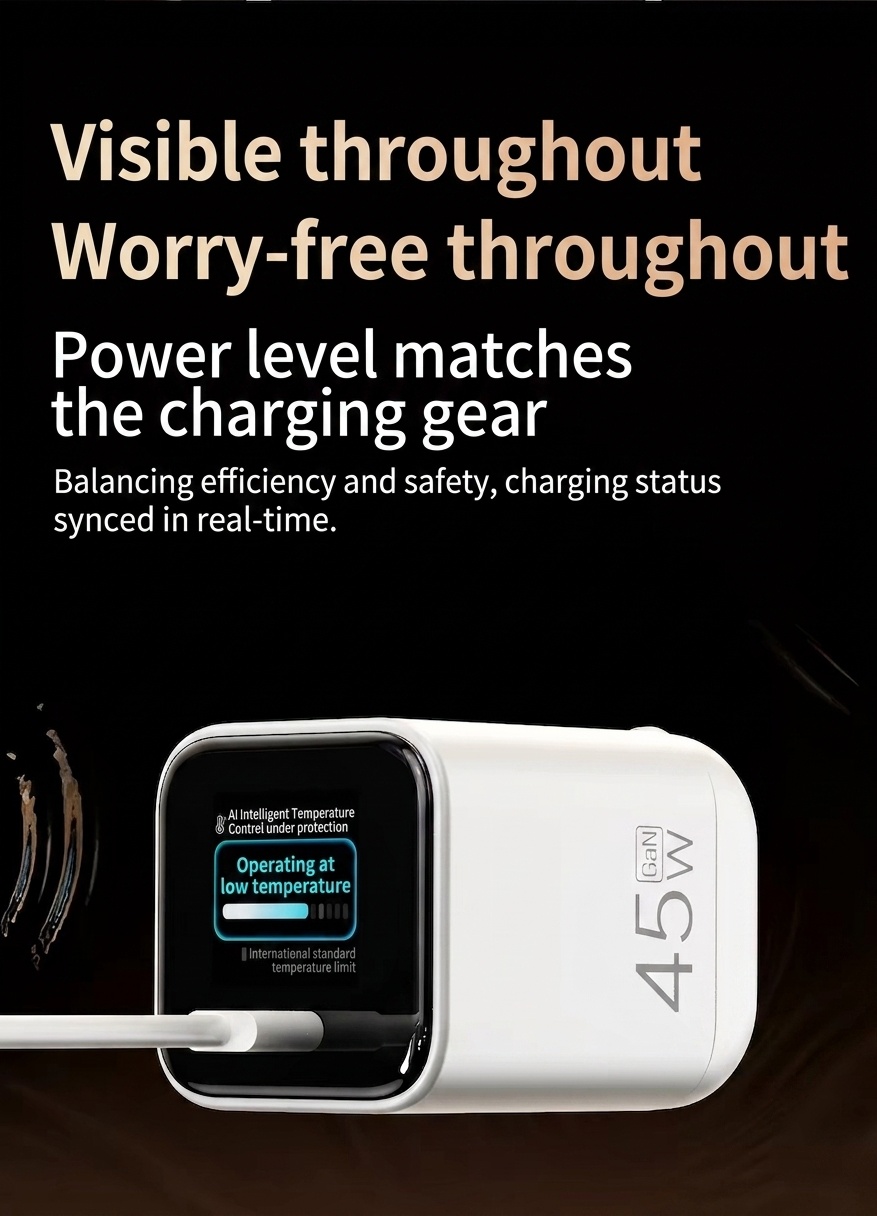 45W GaN Fast Charger with TFT Display and Foldable Plug
