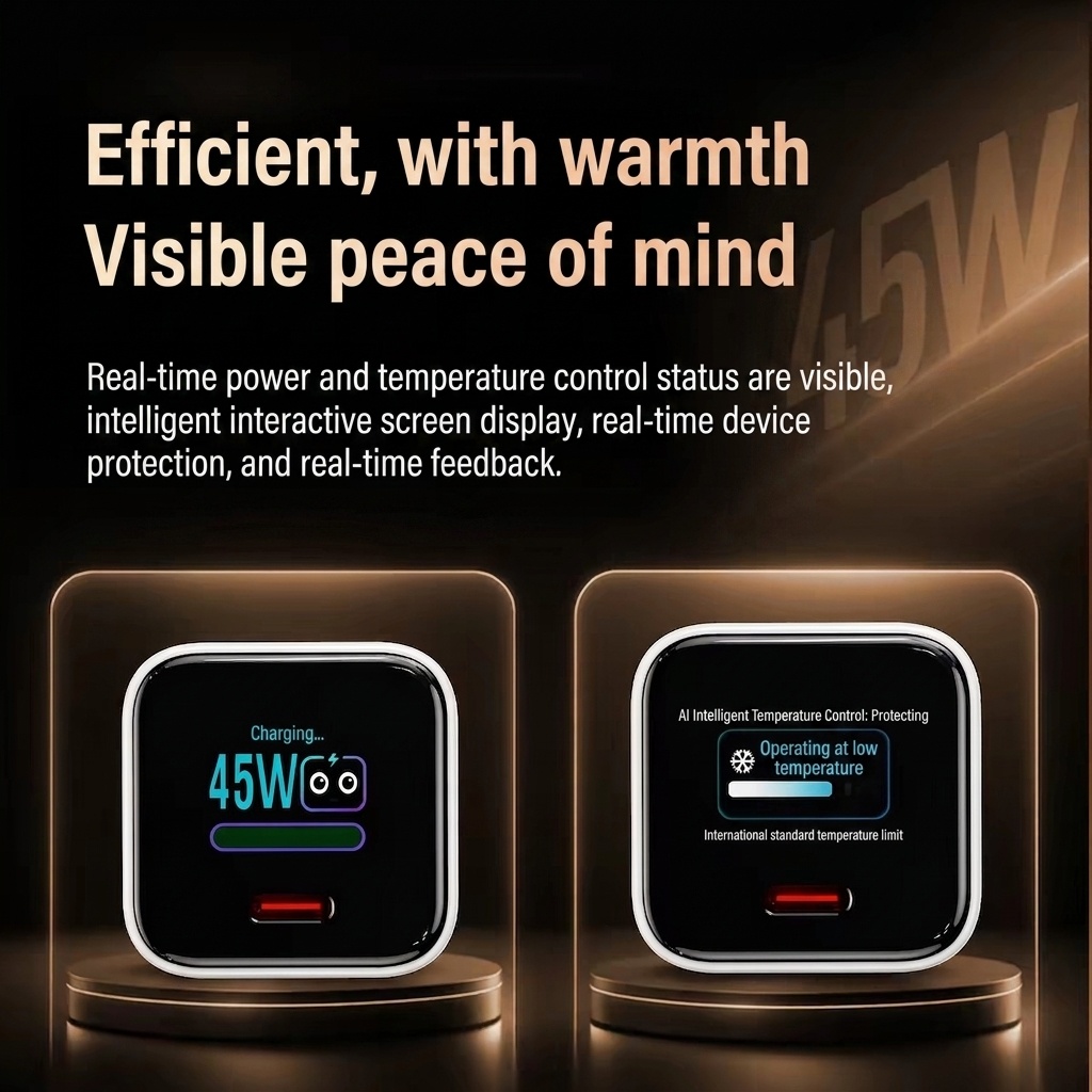 45W GaN Fast Charger with TFT Display and Foldable Plug