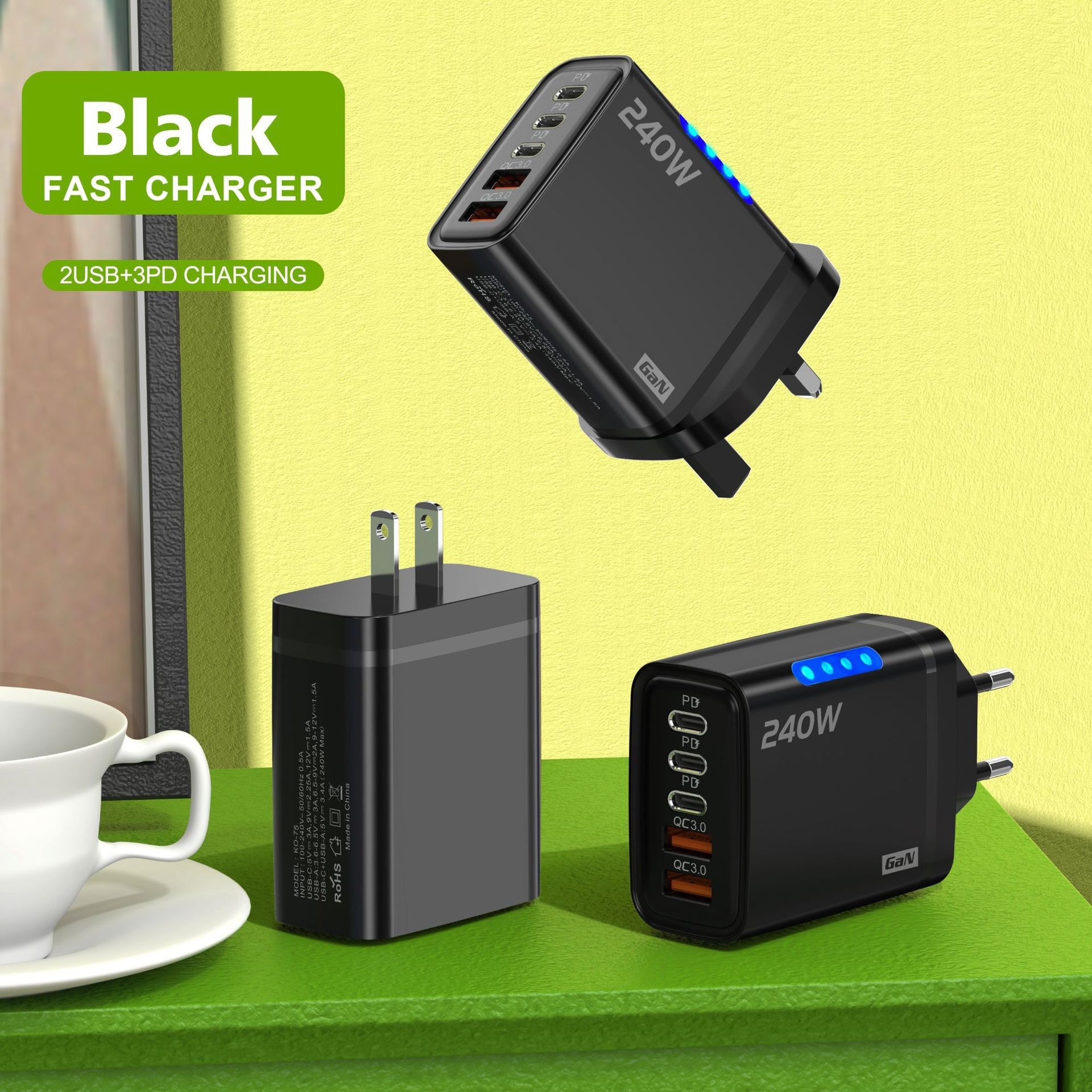 240W GaN Fast Charger, 5-Port USB-C PD and QC 3.0 Wall Adapter
