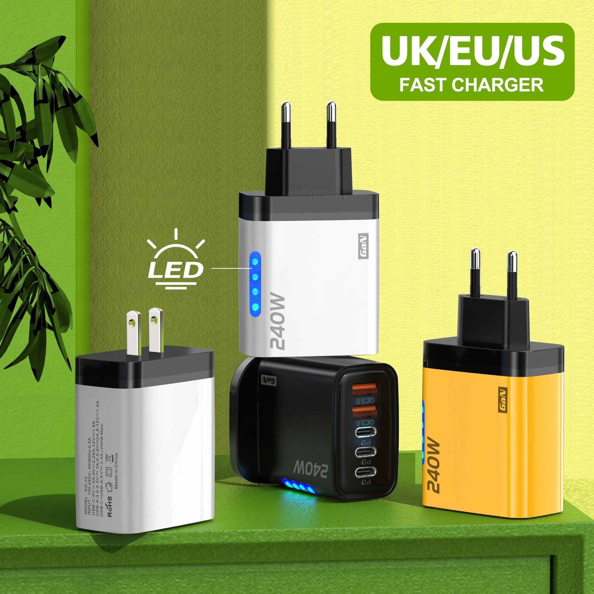 240W GaN Fast Charger, 5-Port USB-C PD and QC 3.0 Wall Adapter