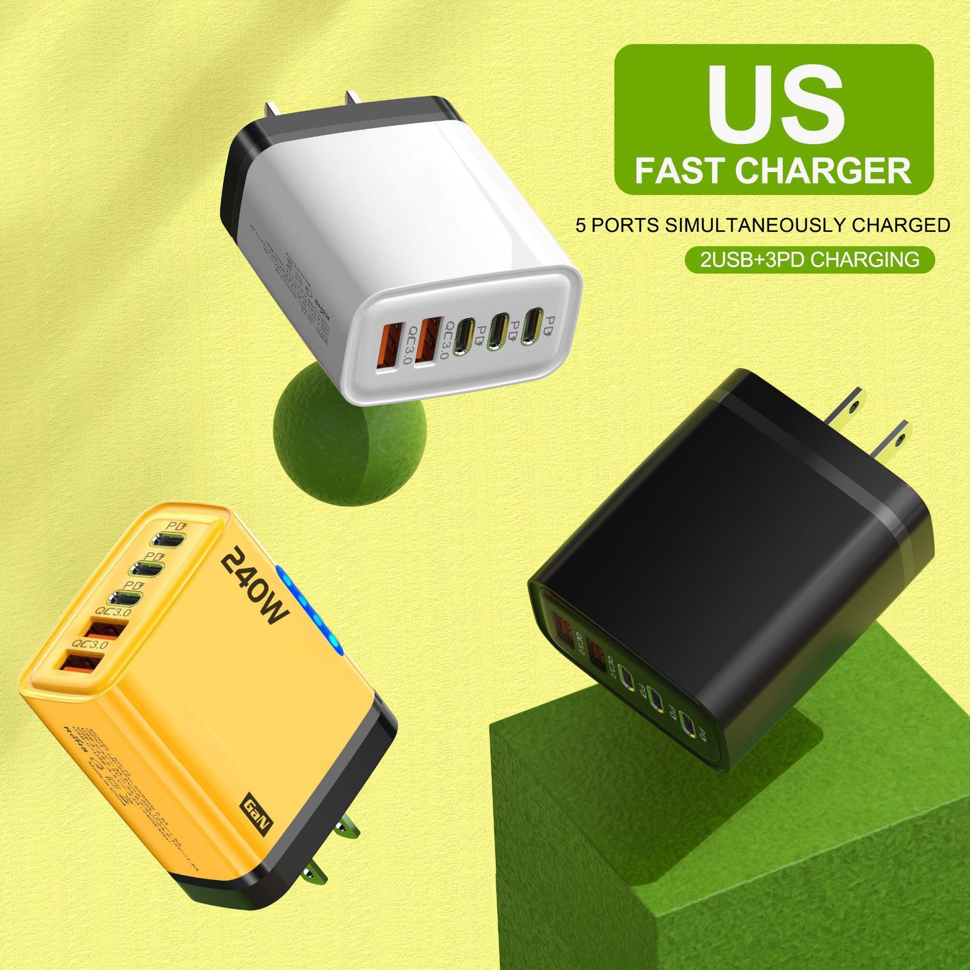 240W GaN Fast Charger, 5-Port USB-C PD and QC 3.0 Wall Adapter