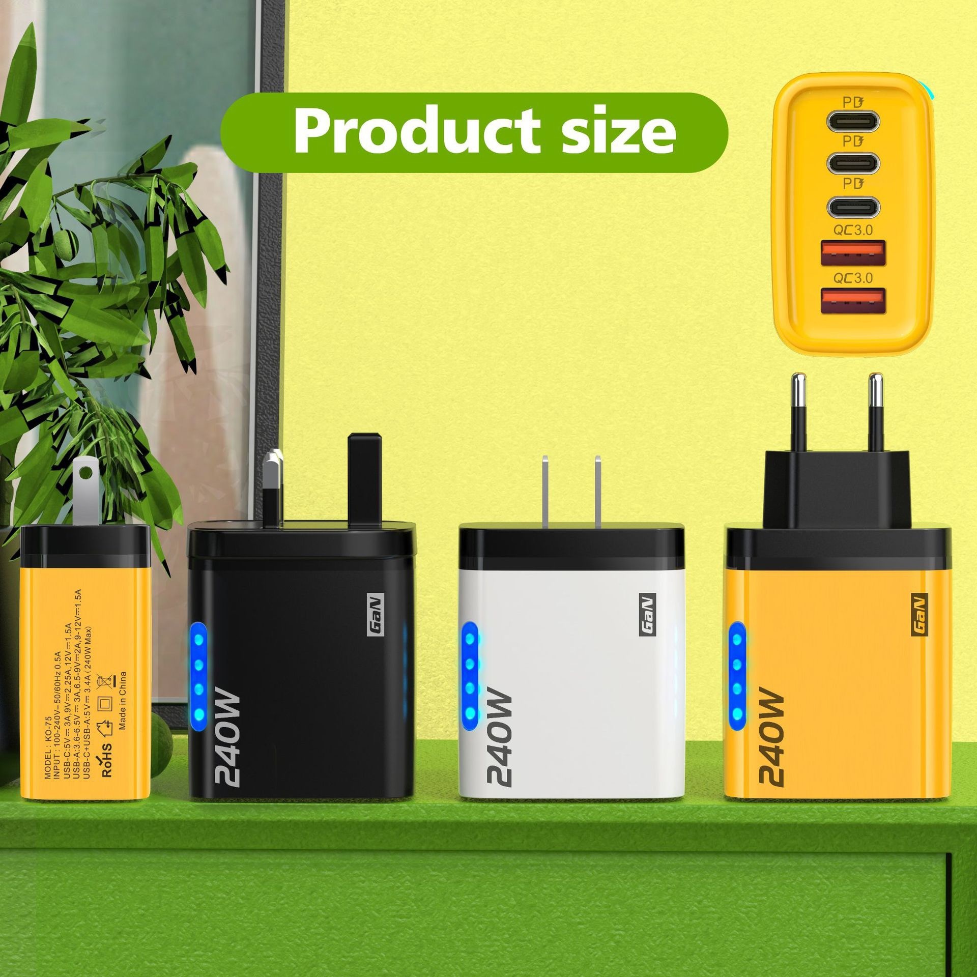 240W GaN Fast Charger, 5-Port USB-C PD and QC 3.0 Wall Adapter