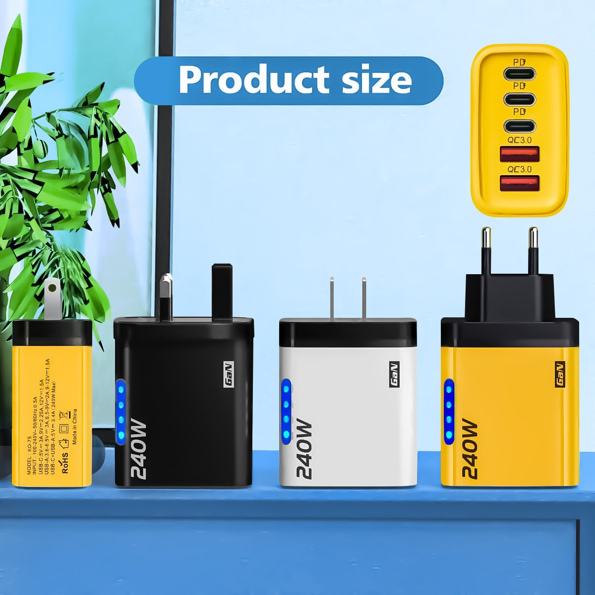 240W GaN Fast Charger, 5-Port USB-C PD and QC 3.0 Wall Adapter