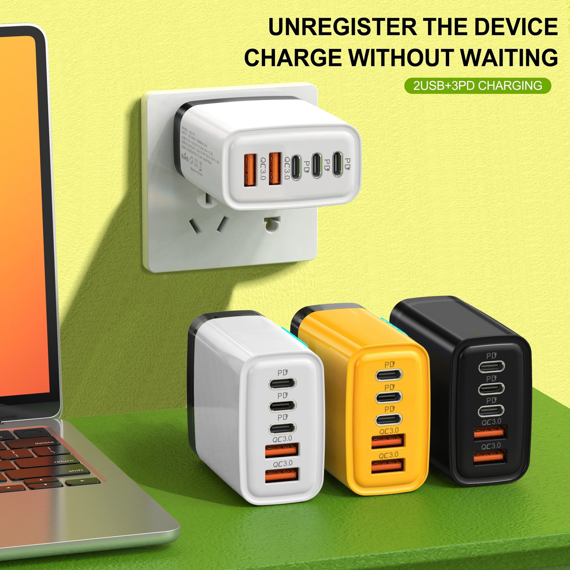 240W GaN Fast Charger, 5-Port USB-C PD and QC 3.0 Wall Adapter