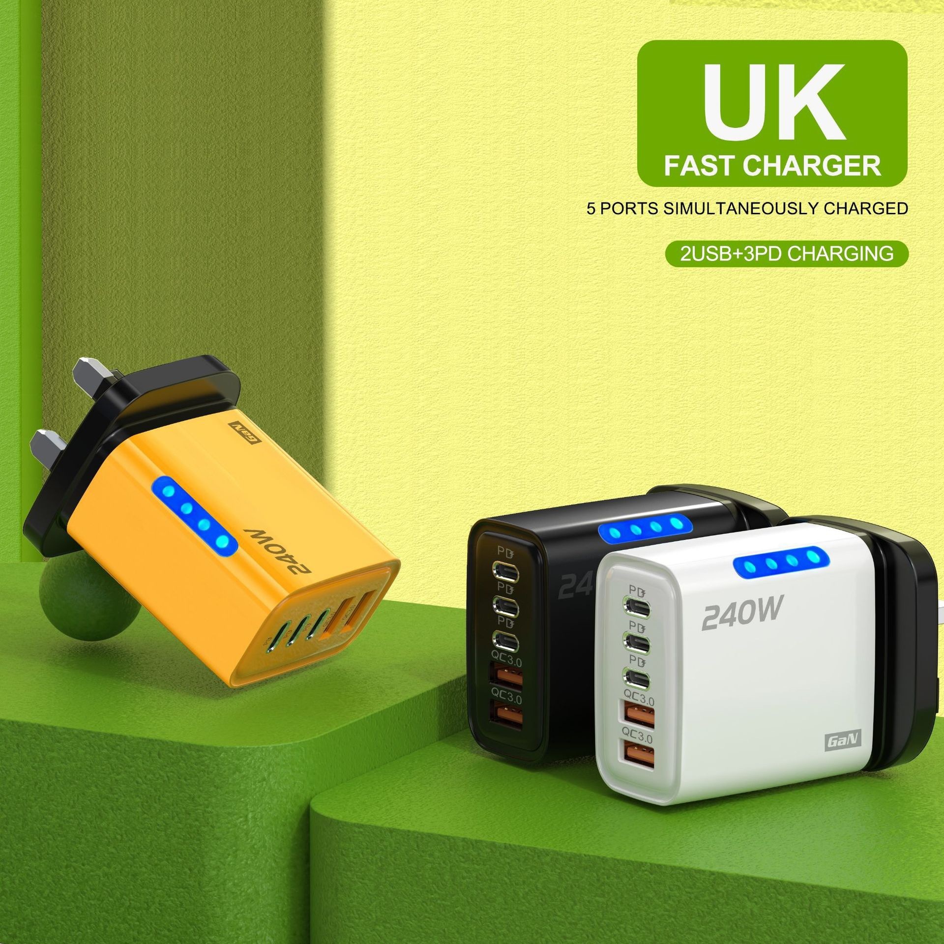 240W GaN Fast Charger, 5-Port USB-C PD and QC 3.0 Wall Adapter