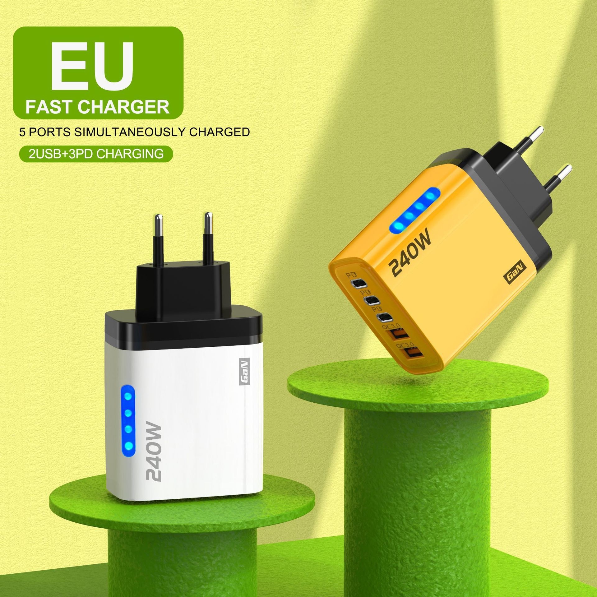 240W GaN Fast Charger, 5-Port USB-C PD and QC 3.0 Wall Adapter