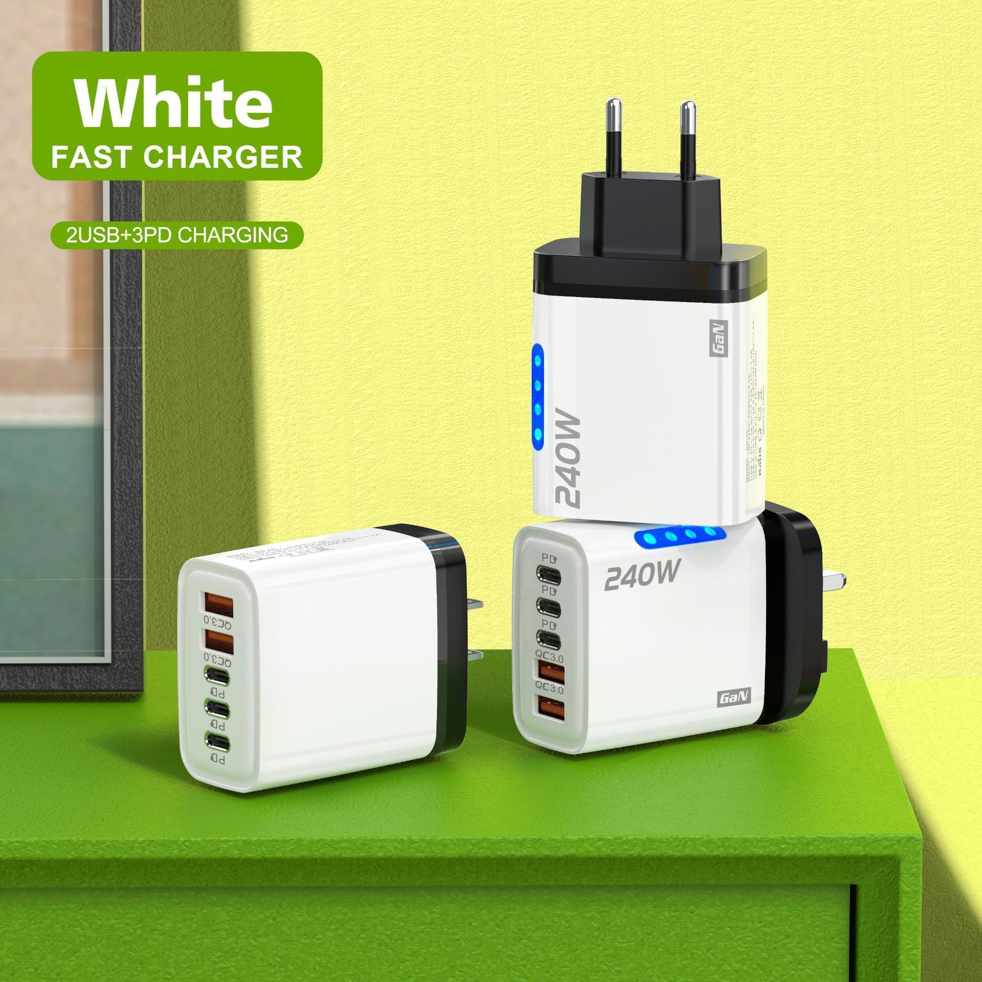 240W GaN Fast Charger, 5-Port USB-C PD and QC 3.0 Wall Adapter
