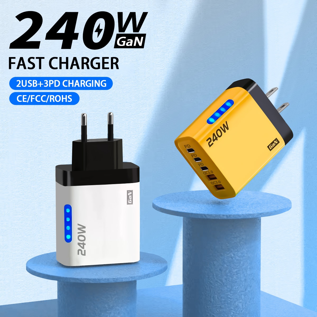 240W GaN Fast Charger, 5-Port USB-C PD and QC 3.0 Wall Adapter