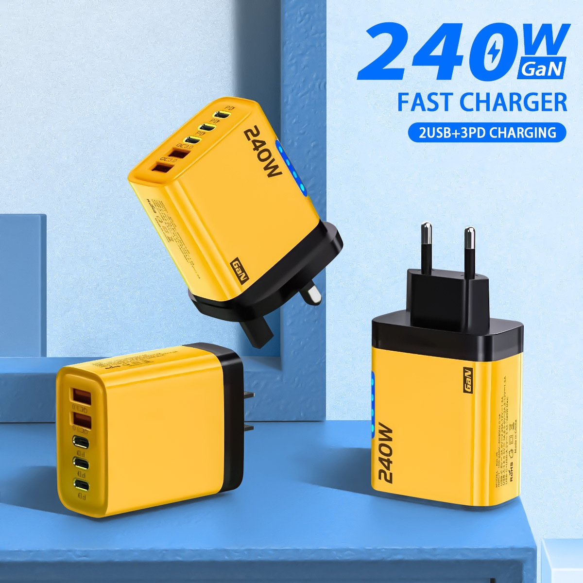 240W GaN Fast Charger, 5-Port USB-C PD and QC 3.0 Wall Adapter